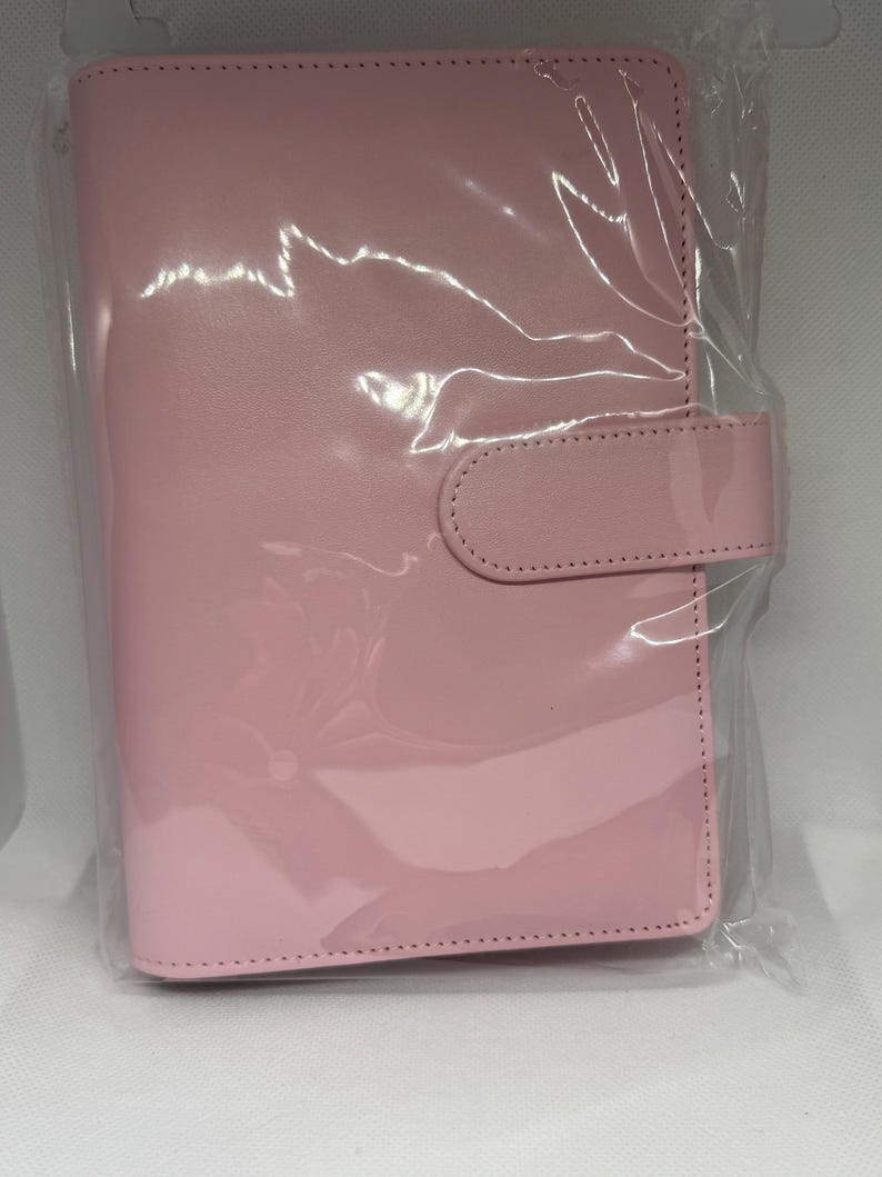 May include: A pink, leather-like planner or notebook, sealed in clear plastic. The cover has a smooth, glossy finish and a matching tab closure. The edges are neatly stitched. The planner is designed for organization and note-taking.