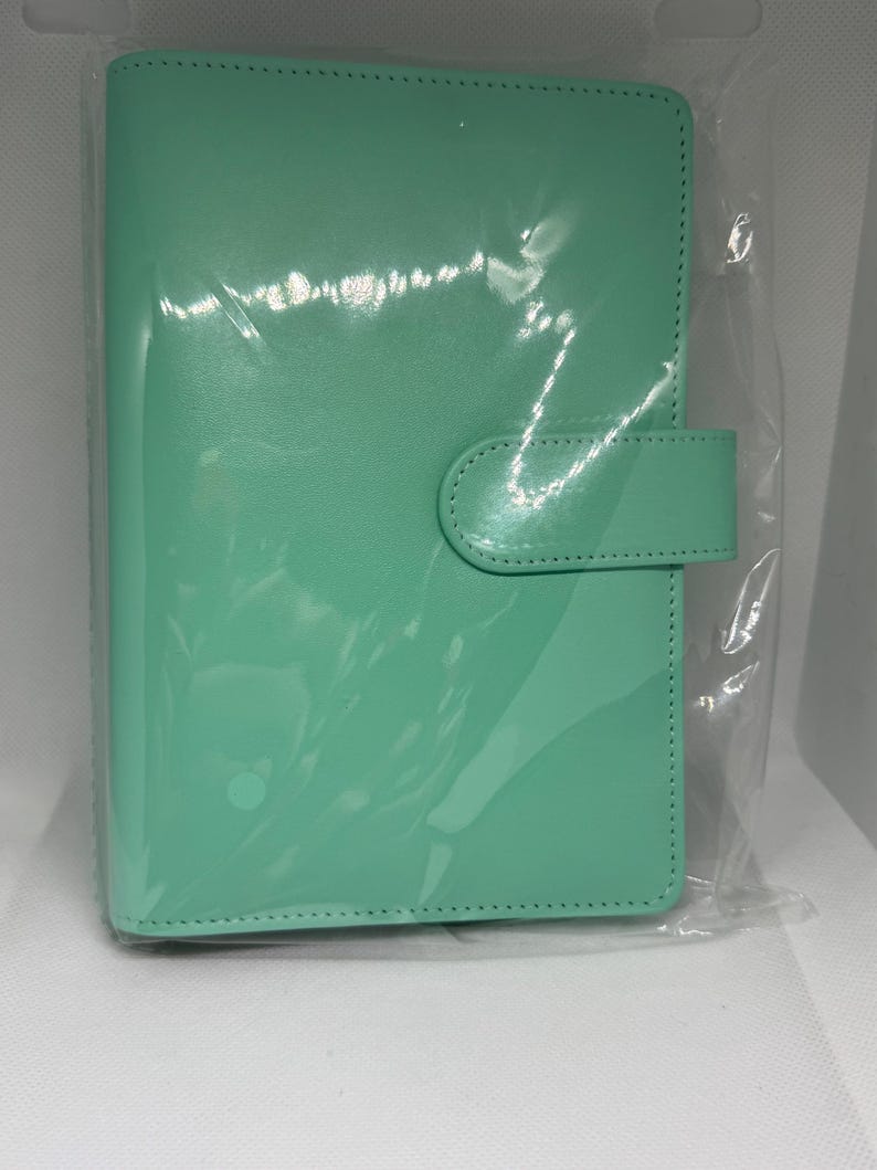 May include: A mint green planner in a clear plastic sleeve. The planner has a smooth, glossy finish and a tab closure. The edges are stitched with a matching thread. The planner is rectangular and appears to be new.