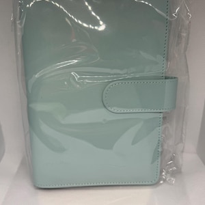 May include: A mint green planner encased in clear plastic. The planner has a glossy finish and a tab closure. The edges are stitched with a matching thread. The planner is rectangular and appears to be new.