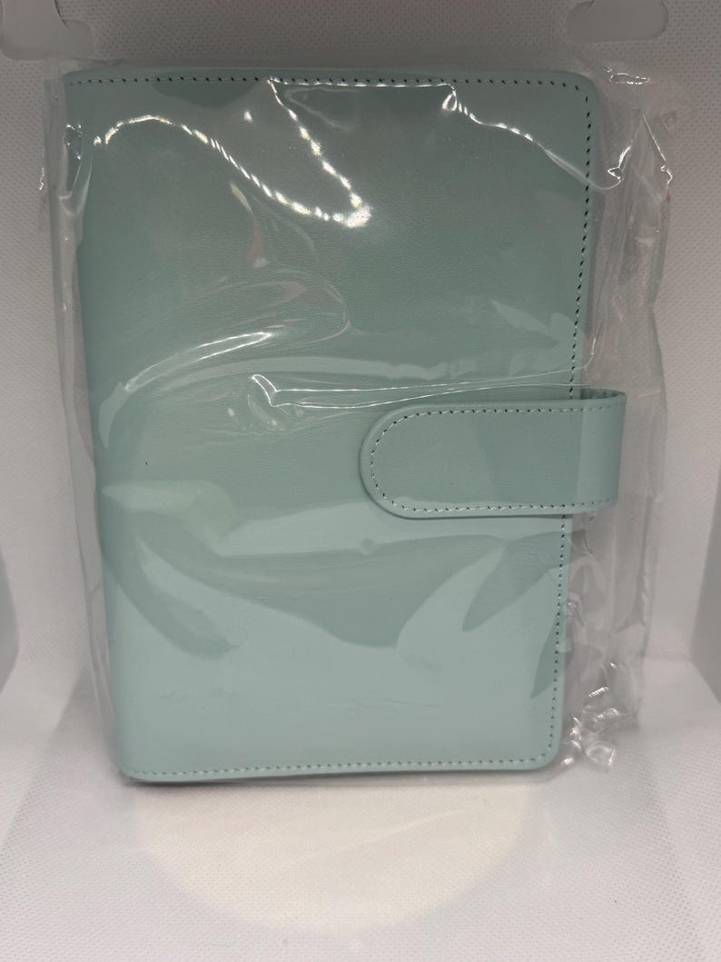 May include: A mint green planner encased in clear plastic. The planner has a glossy finish and a tab closure. The edges are stitched with a matching thread. The planner is rectangular and appears to be new.