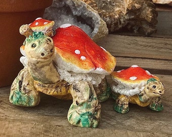 Mushroom tortoise, woodland turtle art figurine. Miniature polymer clay sculptures. Imaginative Artwork