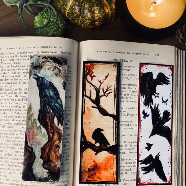 Paper Crow Bookmark // Watercolor Crow Art // Autumn Bookmark // Crow Gifts