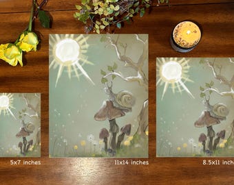 Digitalt måleri av snigel, konsttryck med nyckfull illustration, skogsdesign, svampmålning, trädgårdsgåvor