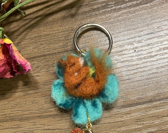 Handcrafted Red Squirrel Sleeping in Flower. Mini Needle Felt Keychain with Leaf Charm