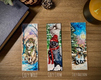 Cozy Critters Wintery Page trackers. Individual bookmark, or a Set of three (3). Wolf, Raccoon, and Crow, wearing scarves and hats