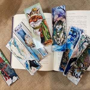 Winter and Snow Animal Bookmarks. Bookmark Pack of 8 (eight). Handmade watercolor bookmarks.