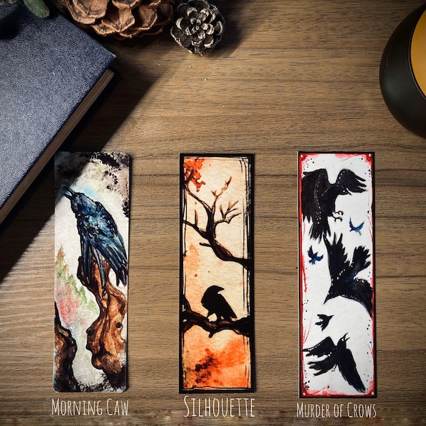 Handmade Paper Crow Bookmark - Heavyweight, Printed on Glossy Photo Paper. Set of 3 or buy just 1. Page markers.