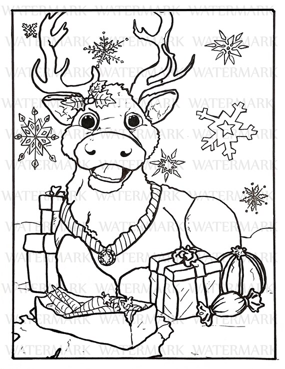Reindeer Christmas Present Coloring Page 1 Instant Digital