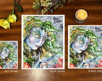 Mermaid and Turtle Art Print. Reproduction of Original Watercolor painting.