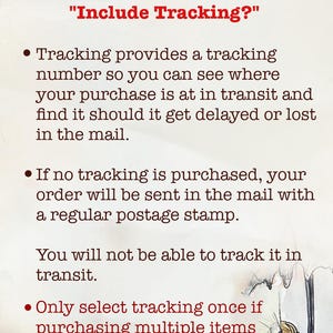 May include: Text on a cream-colored background reads "Tracking available under 'Include Tracking?'" with bullet points explaining tracking options for purchases. A cartoon illustration of a mouse in a hard hat is in the bottom right corner.