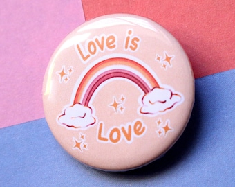 Handgemaakte badge - Love Is Love quote || lgbt-illustratie || regenboog lesbische vlag || internationale dag || lgbt-gemeenschap