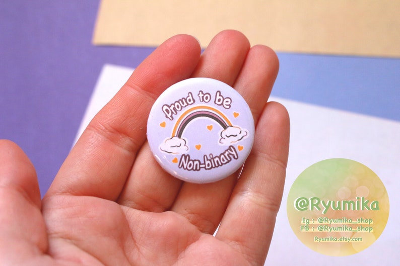 Handmade badge Proud To Be Non-Binary quote lgbt illustration rainbow flag enby international day lgbt community image 5
