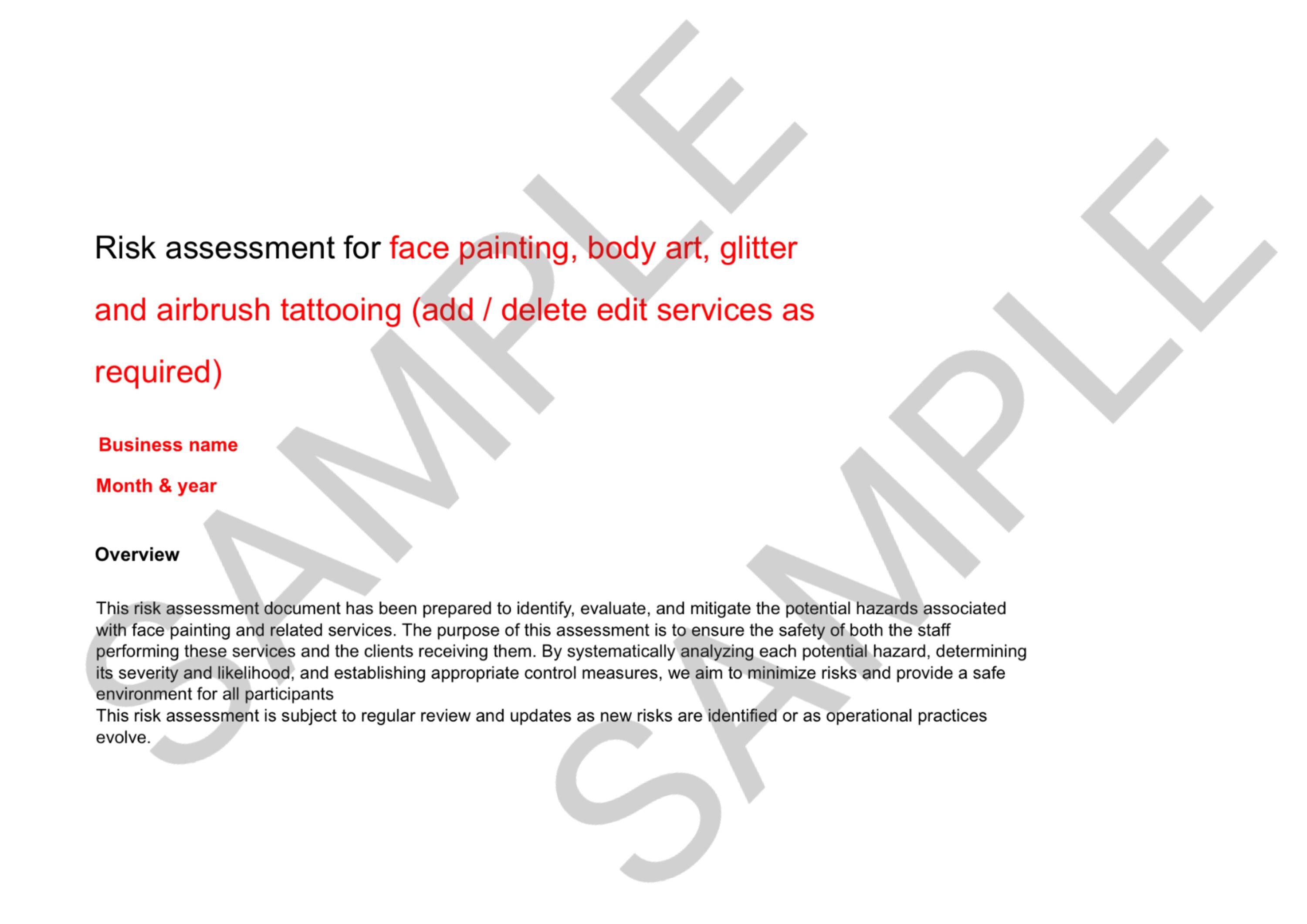 Face Painting Risk Assessment Template, Health & Safety Document for ...
