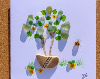 Plant and bee sea glass and sea pottery card, birthday, ocean, unique gift, gift for her, Seaham sea glass, letterbox gift