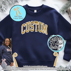 Custom Glitter Applique Sweatshirt: EMBROIDERED Athletic Text, Side Bow with Optional Sleeve Embroidery