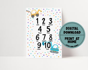 Rainbow Numbers Print, Counting to 10, Printable Wall Art, Colourful Art, Numbers 1-10, Digger Nursery Decor, A4, A3, A2, DIGITAL DOWNLOAD