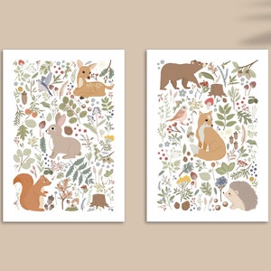 Set of 2 Woodland Nursery Prints, Forest Animal Print, Botanical Wall Art, Cottagecore Decor, Kids Modern Neutral Wall Art, Unframed