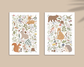 Set of 2 Woodland Nursery Prints, Forest Animal Print, Botanical Wall Art, Cottagecore Decor, Kids Modern Neutral Wall Art, Unframed