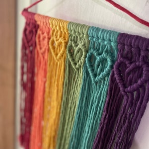 Rainbow Macrame, Nursery Chakra Pride Wall Hanging, Rainbow & Hearts Decor