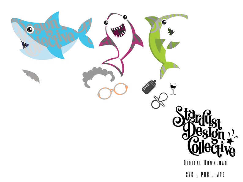 Rae Dunn Inspired Baby Shark Tia Shark Mommy Shark EPS Shark Family SVG PNG, Abuela Shark Customizable sharks with accessories
