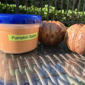 May include: A clear plastic container with a blue lid filled with a light orange substance labeled "Pumpkin Spice". Two small, brown, speckled pumpkins are on a wicker surface.