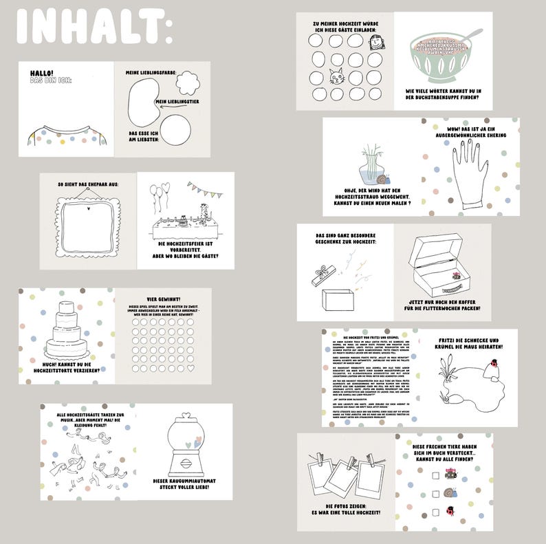 May include: A printable wedding activity booklet with illustrations and fill-in-the-blank activities. The booklet includes activities like "What does the bride look like?" and "How many wedding guests are there?"