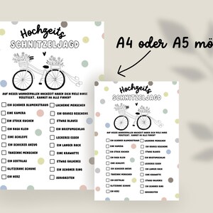 May include: A printable wedding scavenger hunt game with a black and white illustration of a bicycle with flowers. The text "Hochzeits Schnitzeljagd" is at the top of the page. The game includes a list of items to find at the wedding.