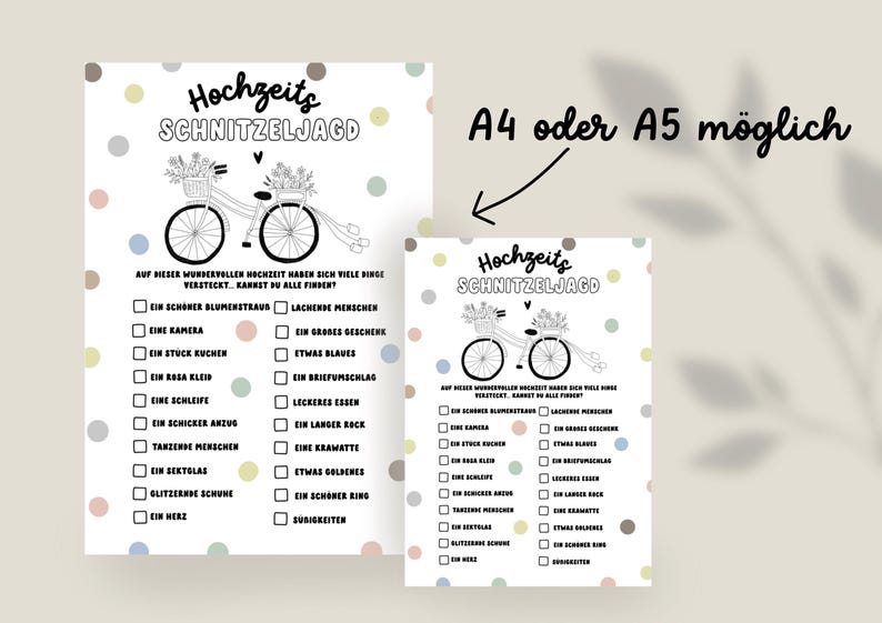 May include: A printable wedding scavenger hunt game with a black and white illustration of a bicycle with flowers. The text "Hochzeits Schnitzeljagd" is at the top of the page. The game includes a list of items to find at the wedding.