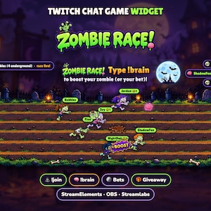 May include: A Twitch chat game widget titled Zombie Race featuring cartoon zombies running on a dirt track. The interface includes text instructions to type !brain to boost, status updates, and buttons for !join, !brain, Bets, and Giveaway commands.