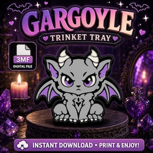 Puede incluir: Un archivo digital para una bandeja de baratijas de gárgola impresa en 3D. El diseño presenta una gárgola gris alada con detalles morados, ojos grandes y cuernos. El texto dice GARGOYLE TRINKET TRAY, 3MF DIGITAL FILE e INSTANT DOWNLOAD PRINT & ENJOY.