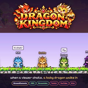 May include: A digital graphic titled Dragon Kingdom featuring five pixel-art baby dragons named Luna, Kiki, Goldie, Daisy, and Mochi. The text reads: hi chat!, !Ay, and when a viewer chats, a baby dragon walks in. Icons for StreamElements, OBS, Streamlabs, Twitch, YouTube, and Kick are included.