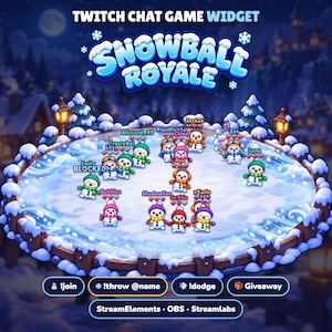 May include: A Twitch chat game widget titled Snowball Royale featuring a circular ice arena with multiple cartoon snowman characters. Below the arena are buttons labelled !join, !throw @name, !dodge, Giveaway, StreamElements, OBS, and Streamlabs.