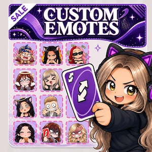 Könnte beinhalten: Ein digitales Anzeigeblatt mit dem Titel CUSTOM EMOTES, das ein Raster aus zwölf kleinen Cartoon-Charakter-Illustrationen und eine größere Figur mit Katzenohr-Kopfhörern zeigt, die eine violette Reverse-Spielkarte in der Hand hält.