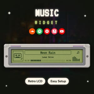 May include: A digital music widget display featuring the text MUSIC WIDGET and five circular app icons. Below, a gray rectangular LCD screen shows a cassette icon, the track Neon Rain by Lunar Drive, a progress bar, and a music note.