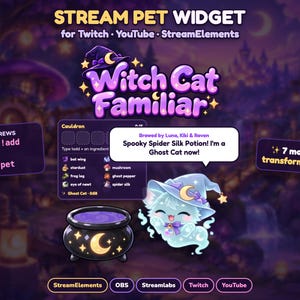 May include: A digital Witch Cat Familiar stream pet widget for Twitch and YouTube. The graphic features a purple cauldron, a ghost cat wearing a witch hat, and text including Stream Pet Widget, Chat Brews, and 7 magic transformations.