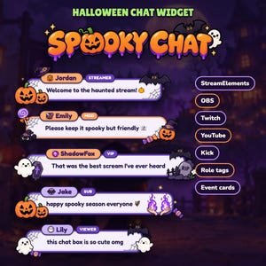 May include: A Halloween chat widget overlay titled SPOOKY CHAT featuring purple and orange chat bubbles with icons of pumpkins, ghosts, bats, and spiderwebs. The interface includes user names, role tags, and a list of compatible platforms like OBS.