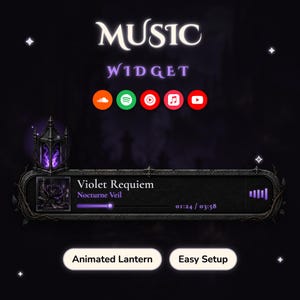 May include: A digital music widget interface featuring the text MUSIC WIDGET, five circular app icons, and a dark, ornate player bar. It displays the song Violet Requiem by Nocturne Veil, a progress bar, and an animated purple lantern icon.