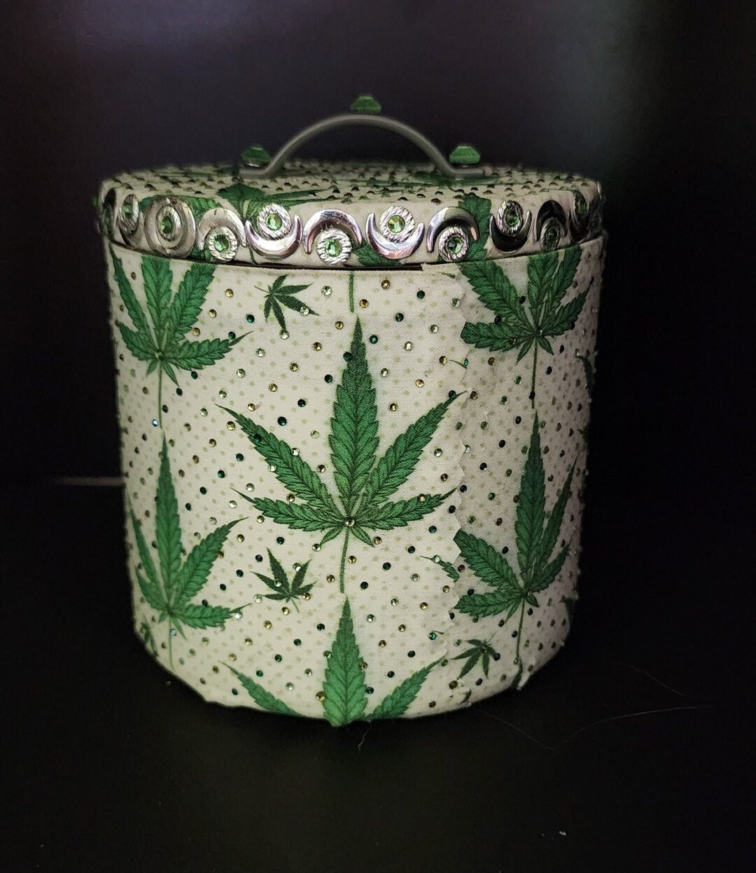 Cannabis Botanical Print Candle Embellished in Glass Rhinestones