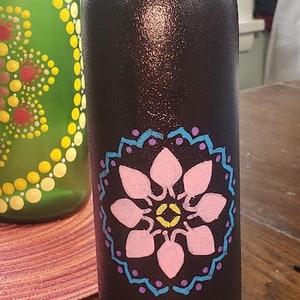 Hand painted bottle.  Bottle art. Home decorations