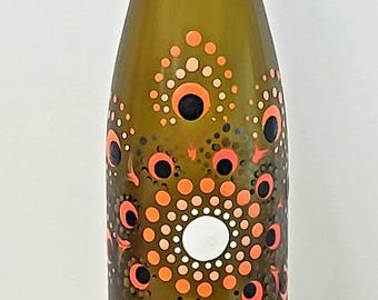 Hand painted wine bottle with mandala dot design. Home Decoration