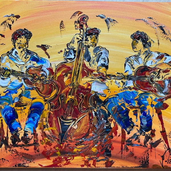 Toile, Peinture, Tableau,  musique musicien, contrebasse guitare 55x46cm, V.Linard, Œuvre Originale