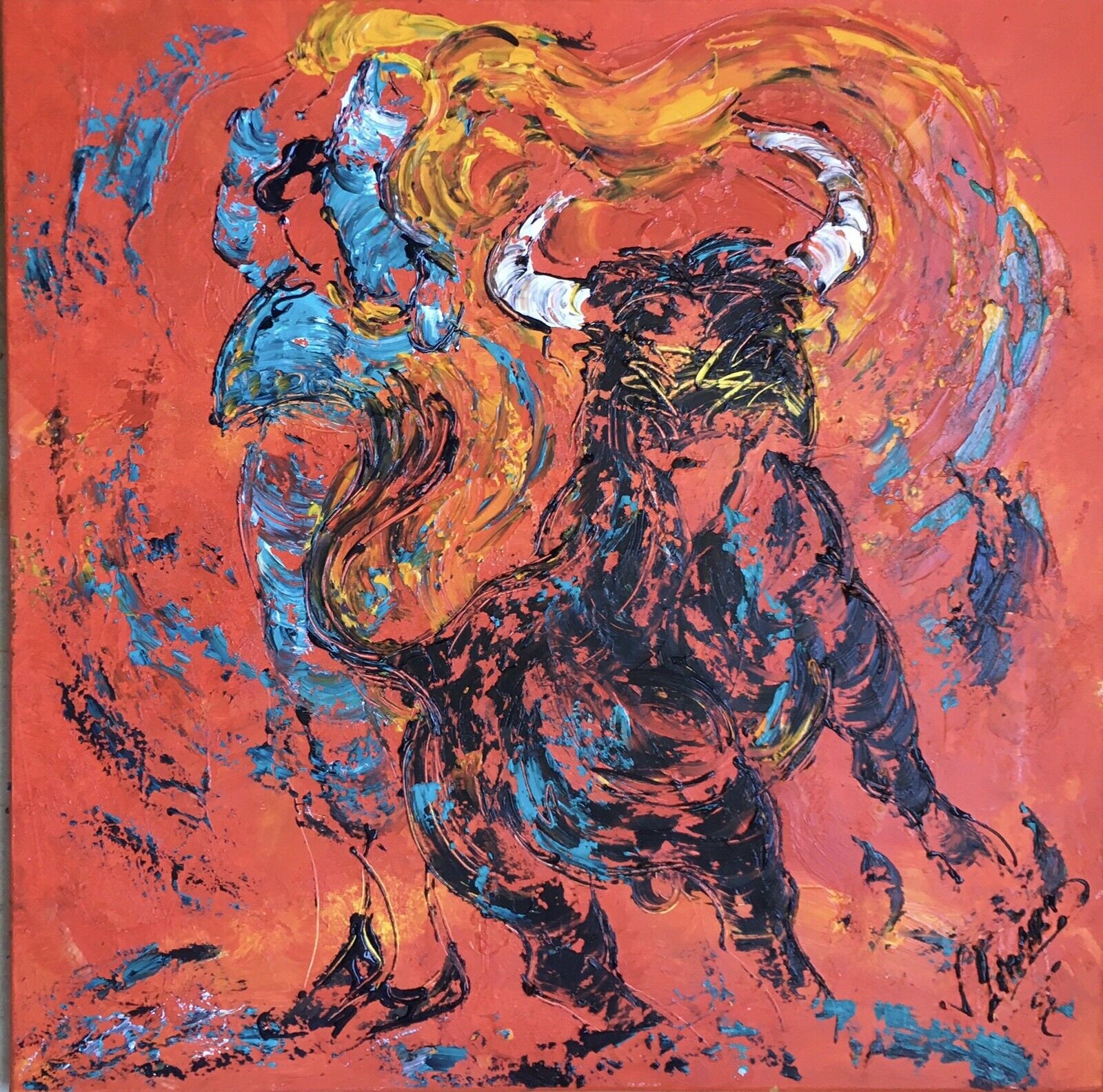 Toile, Peinture, Tableau, Corrida, Tauromachie, Toréador, Taureau, 80x80cm, V.linard, Œuvre Original