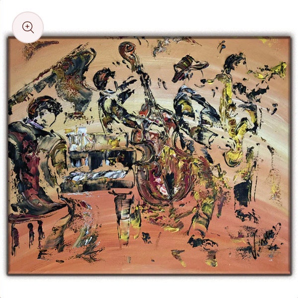 Toile, Peinture, Tableau,  musique musicien jazz,  contrebasse trompette saxophone piano 55x46 cm, V.Linard, Œuvre Originale