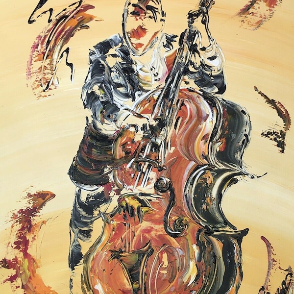 Toile, Peinture, Tableau, Musique Contrebasse Jazz 50x40cm, V.Linard, Œuvre Originale