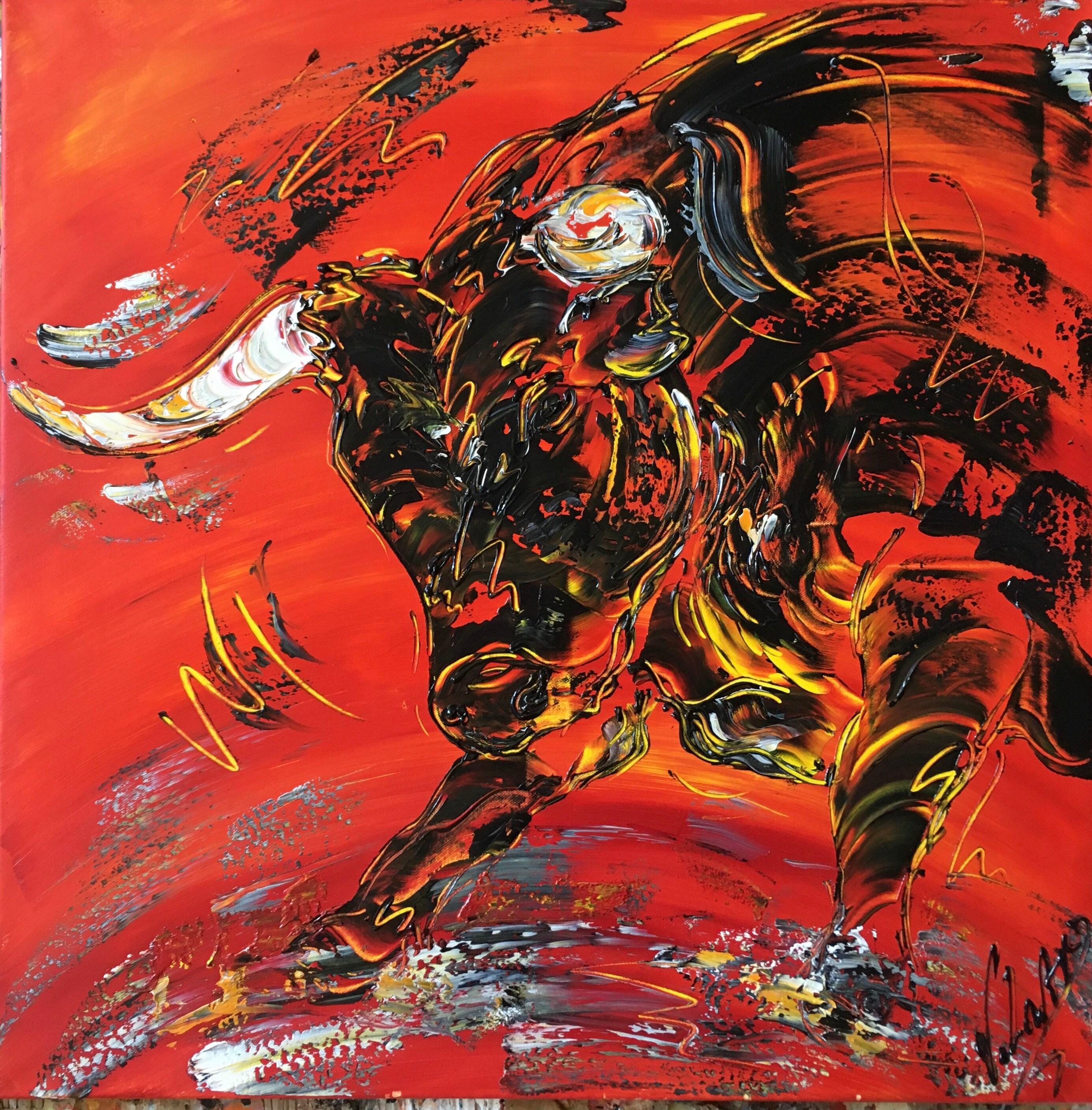Toile, Peinture, Tableau, Corrida, Tauromachie, Taureau, Toro, 70x70cm, V.linard, Œuvre Originale