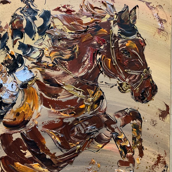 Tableau Musicien Peinture sur Toile Cheval Équitation 50x61cm, V.Linard, Œuvre Originale