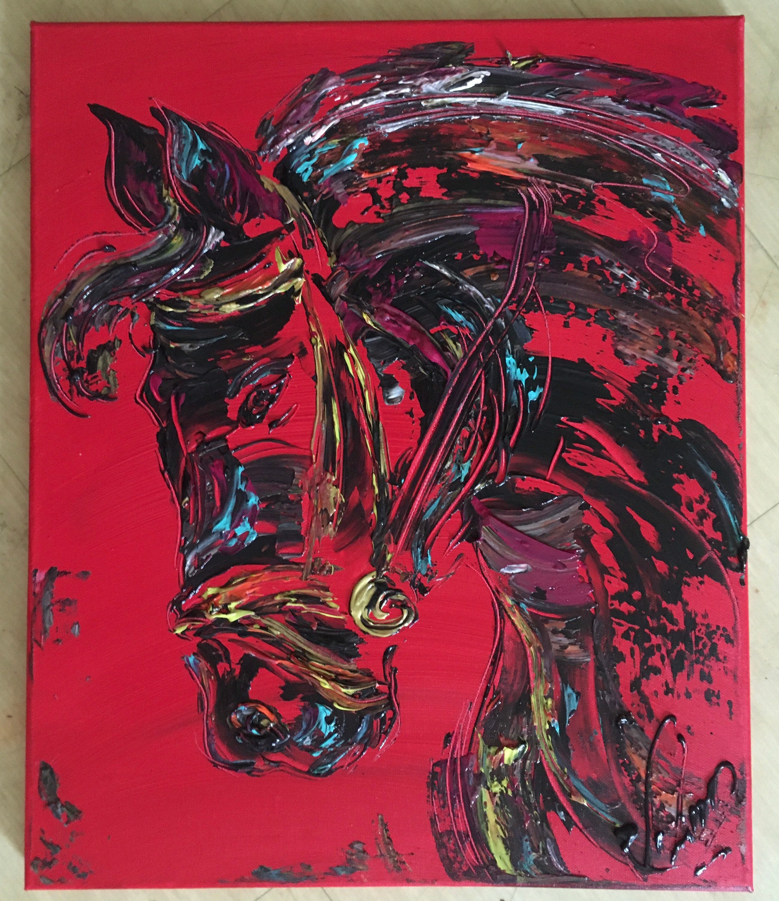 Toile, Tableau Peinture Équitation Cheval Noir 46x38cm V.linard, Œuvre Originale