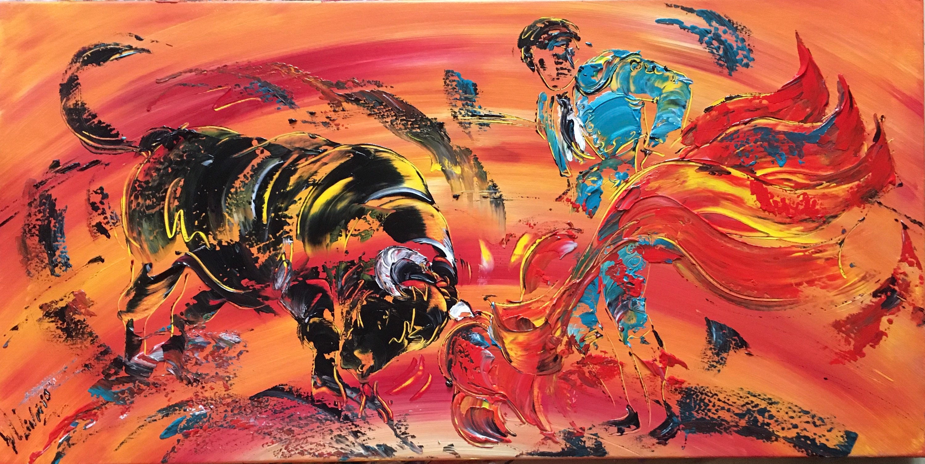 Toile, Peinture, Tableau, Corrida, Tauromachie, Taureau, Toro, 50x100 cm , V.linard, Œuvre Originale