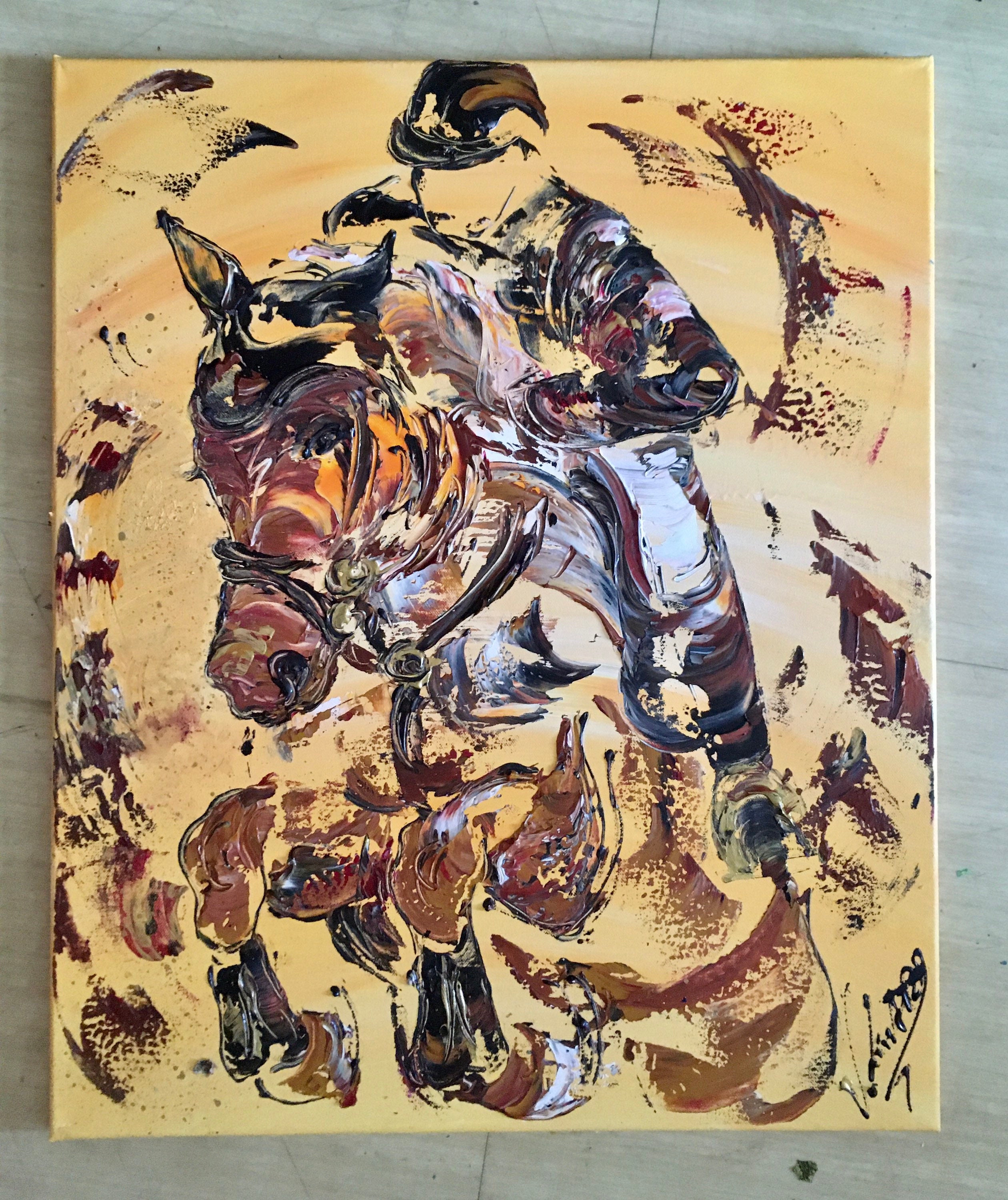 Toile, Tableau Peinture Équitation Saut d'obstacles Cheval 61x50cm V.linard, Œuvre Originale