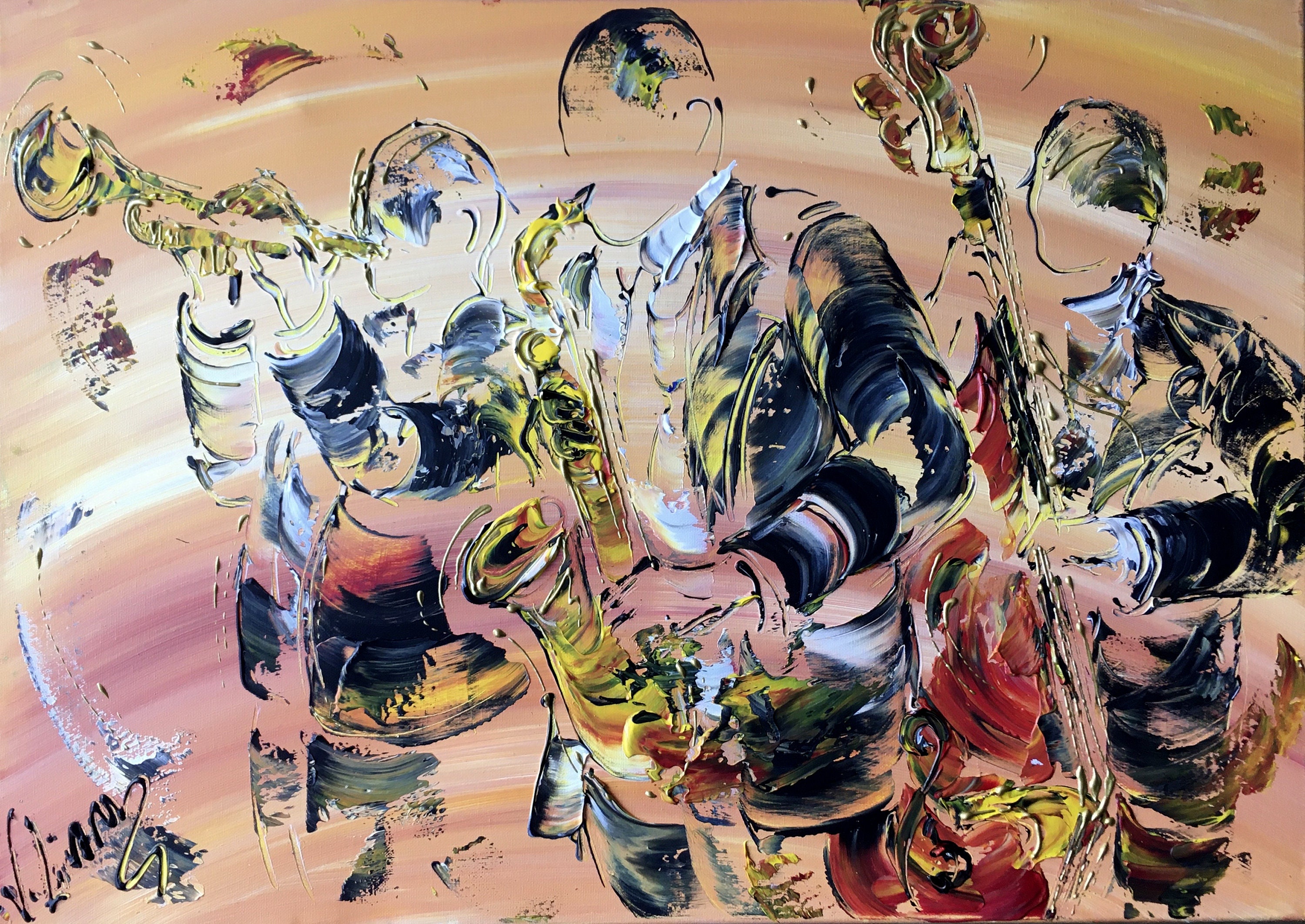 Toile, Peinture, Tableau, Musiciens Jazz Saxophone Trompette Contrebasse 70x50 cm, V.linard, Œuvre O